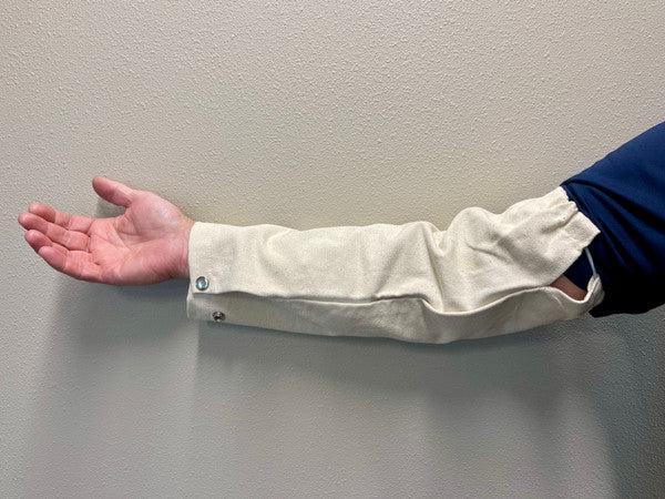 Elastic goes around upper arm, buttons at the wrist.