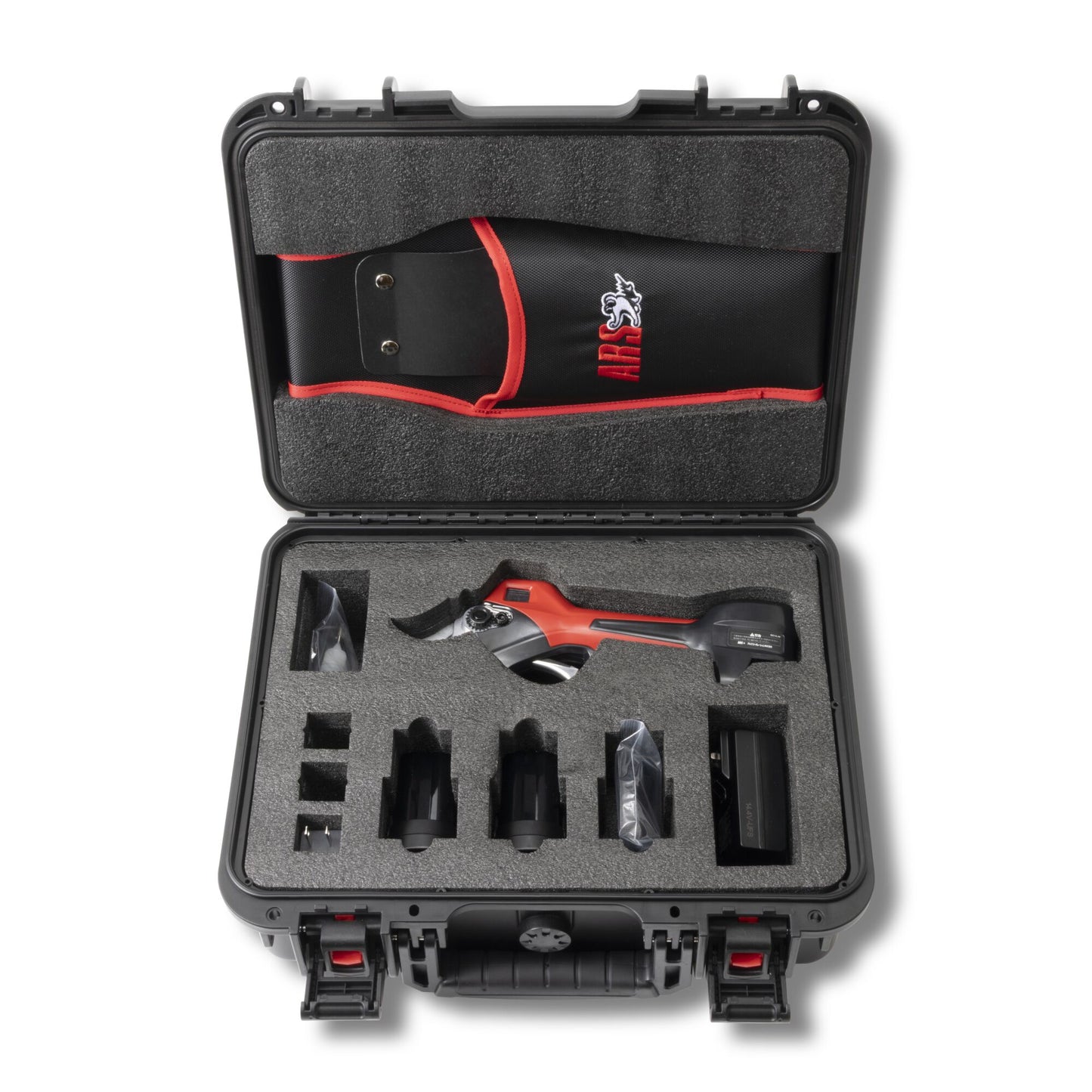 Battery-powered pruner, red/black